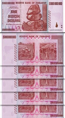Zimbabwe 5 Billion 5,000,000​,000 5000000000 Dollars 2008, UNC-, 5 PCS LOT, P-84 - Image 1 of 4