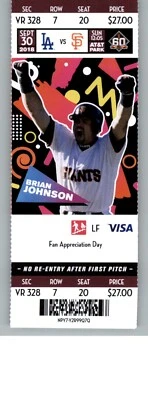 Boleto completo Brian Johnson de los Dodgers de Los Ángeles vs Gigantes de San Francisco 30/09/2018  Foto 1 de 2