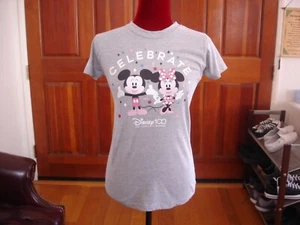 DISNEY Juniors' 100th Anniversary Sz S Mickey & Minnie Fitted Gray Tee - Picture 1 of 7