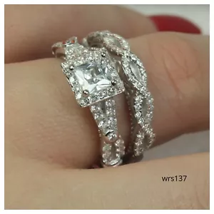 Set anello zirconi fidanzamento matrimonio argento sterling glamour taglio principessa aureola 1,6 ct - Foto 1 di 7