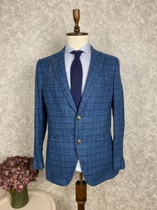 Isaia Napoli Blue Wool Silk Check Unlined Patch Pockets Half Lined Blazer 40 - Picture 1 of 11