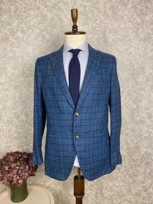 Isaia Napoli Blue Wool Silk Check Unlined Patch Pockets Half Lined Blazer 40 - Image 1 of 4