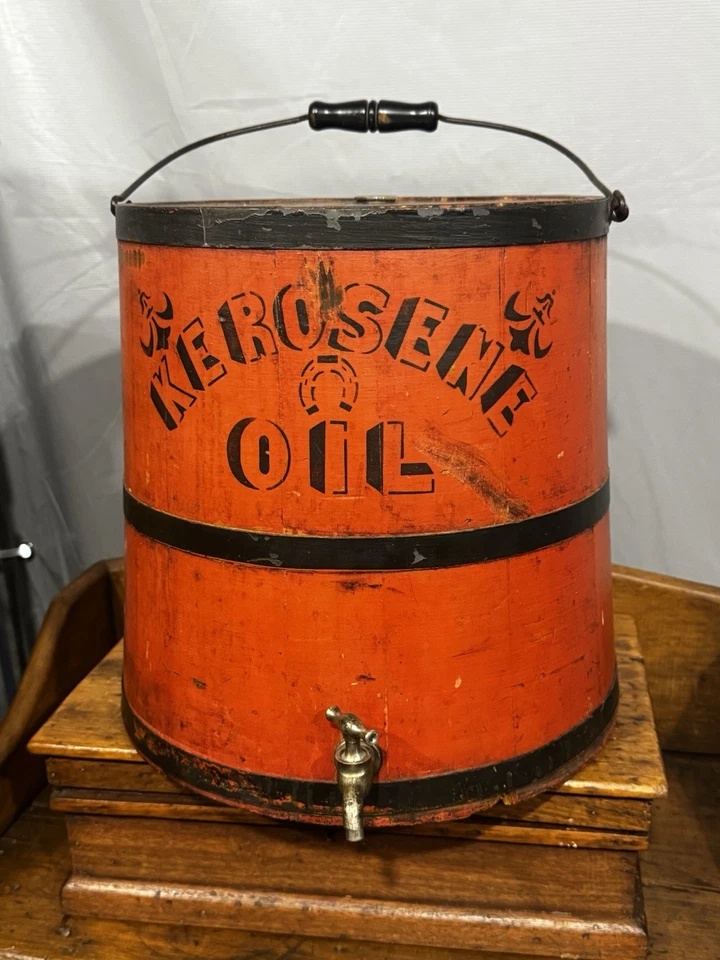 Antique Primitive Red Painted Oil Kerosene Wood Spigot Bucket Firkin - Image 1 of 4