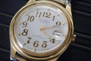 Vintage HELBROS QUARTZ Herren GOLD UHR 3ATM WASSERDICHT Speidel Band FUNKTIONIERT - Bild 1 von 9