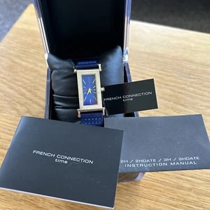 Damenuhr French Connection Quarz blaues Zifferblatt Gold Gehäuse & Schließe verpackt - Bild 1 von 15