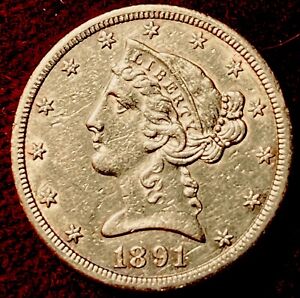 1891-CC Liberty Gold Half Eagle $5 Carson City Coin - Uncertified  AU Details