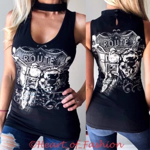 Cuello en V profundo sin mangas para motocicleta gráfico embellecido gargantilla top negro XL - Imagen 1 de 7