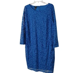 Alfani Lace Dress 16 Blue 3/4 Sleeve Knee Length Lined Party Wedding #D-25 - Picture 1 of 7