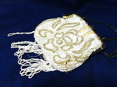 1930'S BEADED CHANGE PURSE-CHAIN HANDLE-METAL CLASP-FRINGE-IMPERFECT - Image 1 of 3