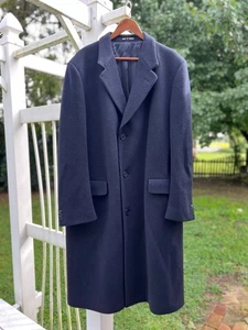 Vintage Marshall Fields Mens 46L Overcoat Navy Blue 100% Virgin Wool Long Coat - Picture 1 of 10