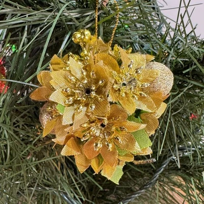 Bola de Beso Vintage Navidad Flor de Pascua Artificial Adorno 2" Dorado Foto 1 de 3