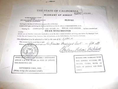 SUPERNATURAL TV  SERIES PROP ARREST WARRANT  DEAN WINCHESTER CALIFORNIA - Image 1 of 4