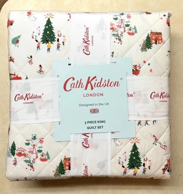 3pc Cath Kidston Cotton SNOW DAY CREAM Christmas Cottage Quilt Shams Set KING - Image 1 of 4