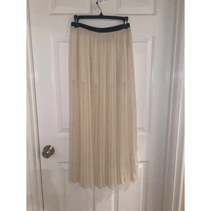 Enza Costa Ivory Pleated Accordian Maxi Skirt Partial Lined Black Waistband XS - Picture 1 of 4