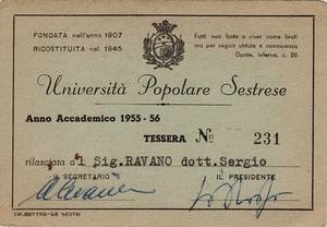 #TESSERA-  UNIVERSITA' POPOLARE SESTRESE- ANNO 1955-56 - Picture 1 of 1