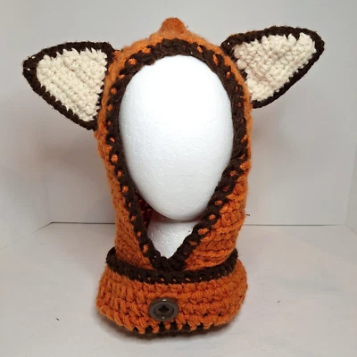 Sombrero de invierno animal zorro con capucha ganchillo a mano naranja marrón botón crema Foto 1 de 4