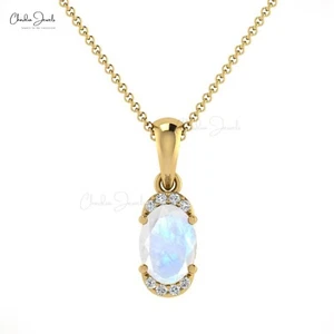 Solid 14K Gold Genuine Rainbow Moonstone & Diamond Halo Pendant Necklace For Her - Picture 1 of 22