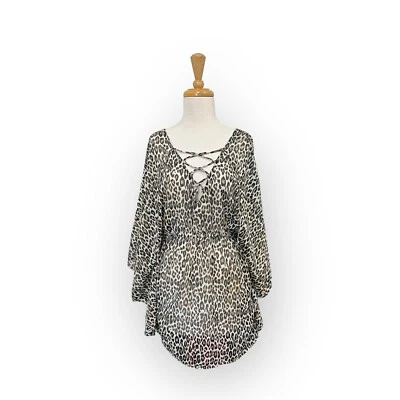 Tommy Bahama Cat's Meow Open Back Lace Up Tunic Size S/M Leopard Print Cover Up - Image 1 of 4