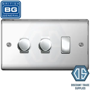 BG Polished Chrome 3 Gang Grid Switch 2x Trailing Edge LED Dimmer 1x 1 or 2 Way - Picture 1 of 1