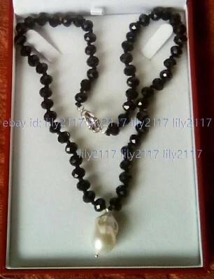 Collar colgante de perlas barrocas blancas facetadas de 4x6 mm con gemas de ágata negra de 15x25 mm de 18"" Foto 1 de 3