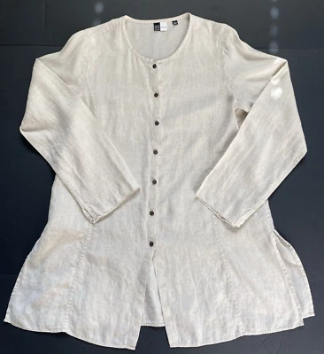 Top túnica Saks Fifth Avenue para mujer L 100 % lino beige madera botones playa viaje Foto 1 de 4