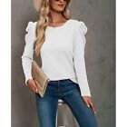 Puff Sleeve Shirts Round Neck Waffle Knit Top Long Sleeves T Shirt(White L) ECM