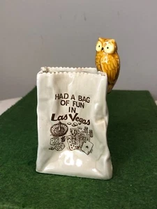 Vintage Ceramic 'Had A Bag of Fun in Las Vegas' Owl Still Bank - 5" tall - Picture 1 of 7