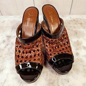 Cole Haan Women's Brown Leather Woven High Heels Peep Toe 4.25" Wood Heel D33775 - Picture 1 of 12