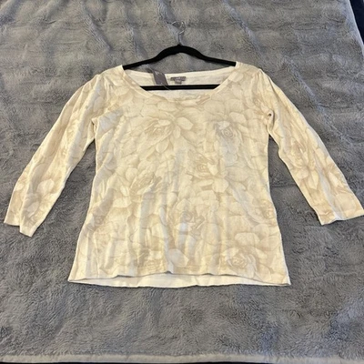 J Jill Silk Cashmere Blend Ivory Brown Neutrals Floral Lightweight Sweater Sz S - Image 1 of 4
