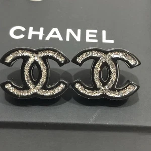 CHANEL CC Logos Black Glitter Clear Lucite Stud Earrings Silver Tone 17S Auth - Picture 1 of 10