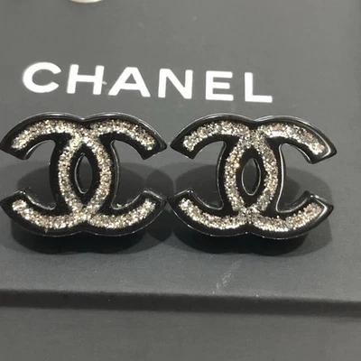 CHANEL CC Logos Black Glitter Clear Lucite Stud Earrings Silver Tone 17S Auth  - Image 1 of 4