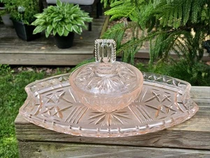 Vintage Art Deco Pink Depression Glass Dressing Table Vanity Set Tray & Trinket - Picture 1 of 8