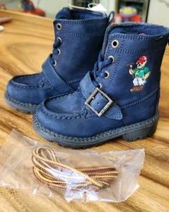 Polo Ralph Lauren Bear Ranger Boots Boys 6 Blue Leather Suede Strap Buckle - Picture 1 of 8