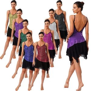 Womens Dresses Competition Dress Irregular Dancewear Tulle Metallic Costume Hem - Picture 1 of 107