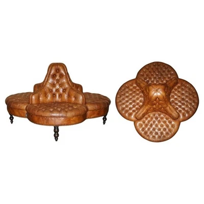 HERITAGE BROWN LEATHER FOUR SEAT CHESTERFIELD COVERSION TETE A TETE SOFA SEAT - Image 1 of 4