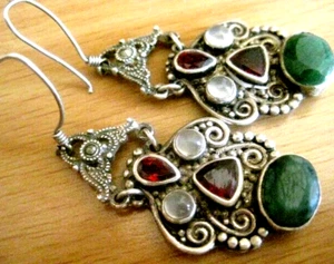 SAJEN VINTAGE STERLING SILVER NATURAL EMERALD GARNET EARRINGS 55mm MARKED+BOX - Picture 1 of 6