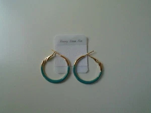 Gold Coloured Round Hoop Earrings Jade Enamel Covering Bottom Section 3cms New - Picture 1 of 1