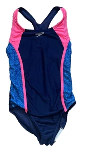 Speedo girls small swimsuit navy blue neon orange T back one piece - Picture 1 of 5