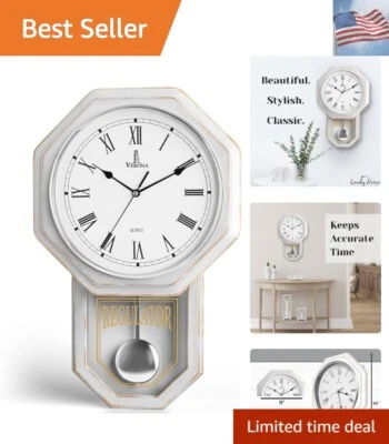 White Pendulum Wall Clock - Rustic Wooden Farmhouse Wall Clock - Regulator Cl... - Image 1 of 4