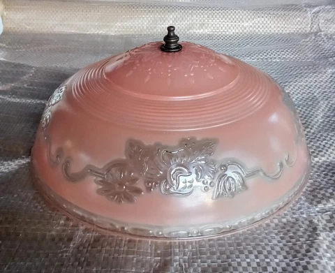 12" 1930' PinK Frosted Art Deco Globe, Shade, Glass Ceiling Cover Clear BowTrim Cover