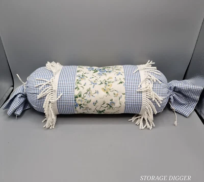 Cojín enrollable vintage blanco azul floral y cuello a cuadros tubo almohada 17" Foto 1 de 4