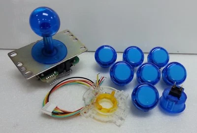 JAPAN Sanwa Clear Blue Joystick GT-Y Wire Push-buttons x 8 Video Game Parts Set - Image 1 of 4