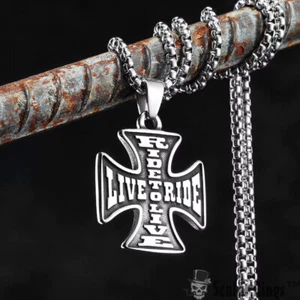 Collar Cruz Motociclista "Live to Ride" Anillos Esculpidos™ - Colgante Acero Inoxidable - Imagen 1 de 11