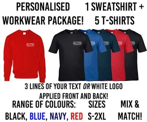 Paquete de 5 camisetas de trabajo personalizadas 1 sudadera cualquier texto blanco logotipo paquete - Imagen 1 de 5