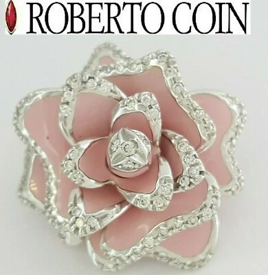 Roberto Coin 18K White Gold Enamel Diamond Rose Brooch Pendant 0.5 ct 11.6 g - Image 1 of 4