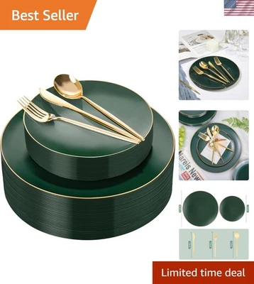 150 Piezas Platos de Plástico Verde con Borde Dorado, Elegantes Platos de Navidad, Disco Verde... Foto 1 de 4