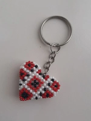 Beaded keychain, heart shaped, Ukrainian embroidered shirt handmade - Image 1 of 3