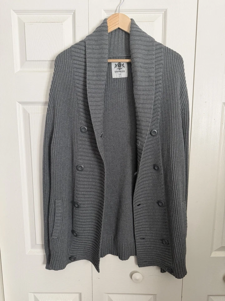 Men's Dark Grey Button Down Cardigan Black Buttons Size L - Image 1 of 3