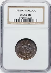 MEXICO ESTADOS UNIDOS 1921 2 CENTAVOS COIN NGC CERTIFIED GEM UNCIRCULATED MS66BN - Picture 1 of 2