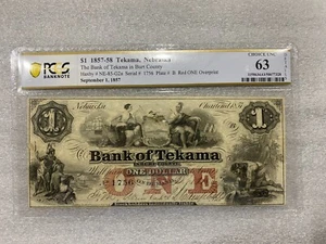 1857-58 $1 Bank of Tekama Burt County Nebraska OBSOLETE NOTE PCGS 63 GEM - Picture 1 of 5